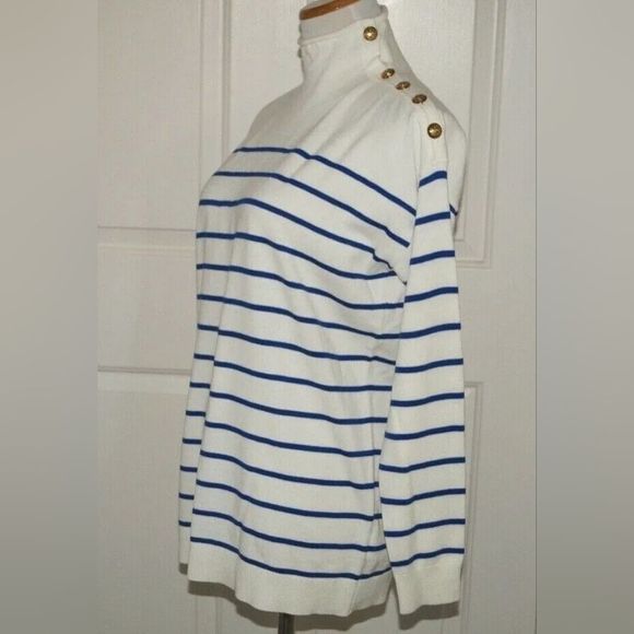 RL NWT White/Blue Stripe w/ Gold Logo Button Trim pullover casual sweater plus - Picture 2 of 10